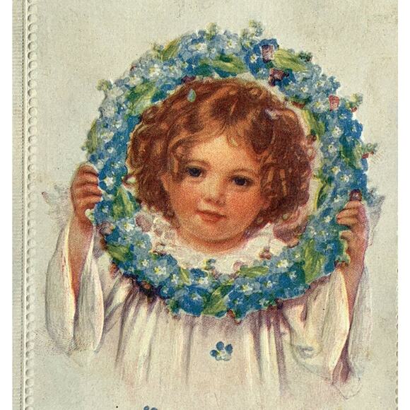 Antique 1910s Ephemera Easter Card Baby Angel Wreath Embossed Used But Unposted - Picture 1 of 3